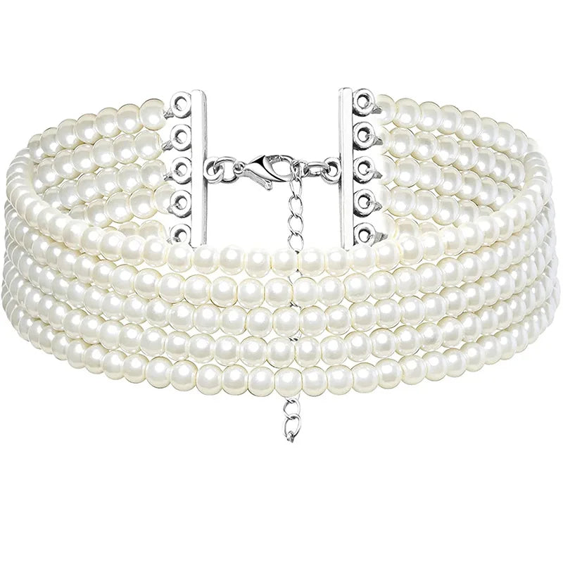 Elegant White Pearl Collar Choker Necklace