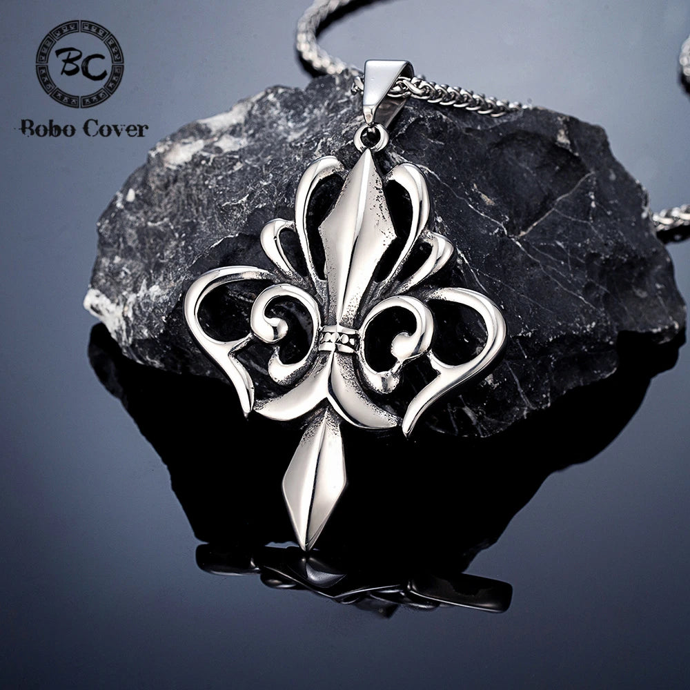 Vintage Medieval Norse Rune Fleur-de-lis Necklaces Men Stainless Steel Viking Cross Amulet Pendant Charm Original Design Jewelry