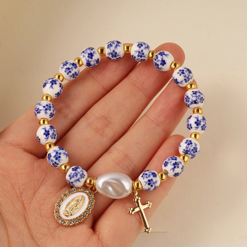 Jesus Cross Bracelet Women Men Blue White Porcelain Ceramics Beads Ascension Day Western Wear Pulseras Spring Summer Jewelry