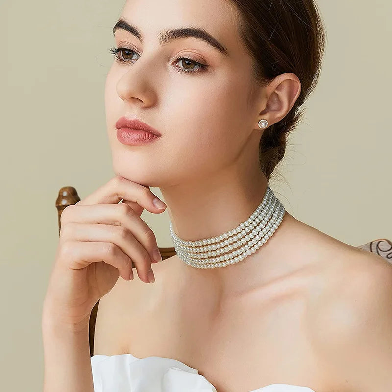 Elegant White Pearl Collar Choker Necklace
