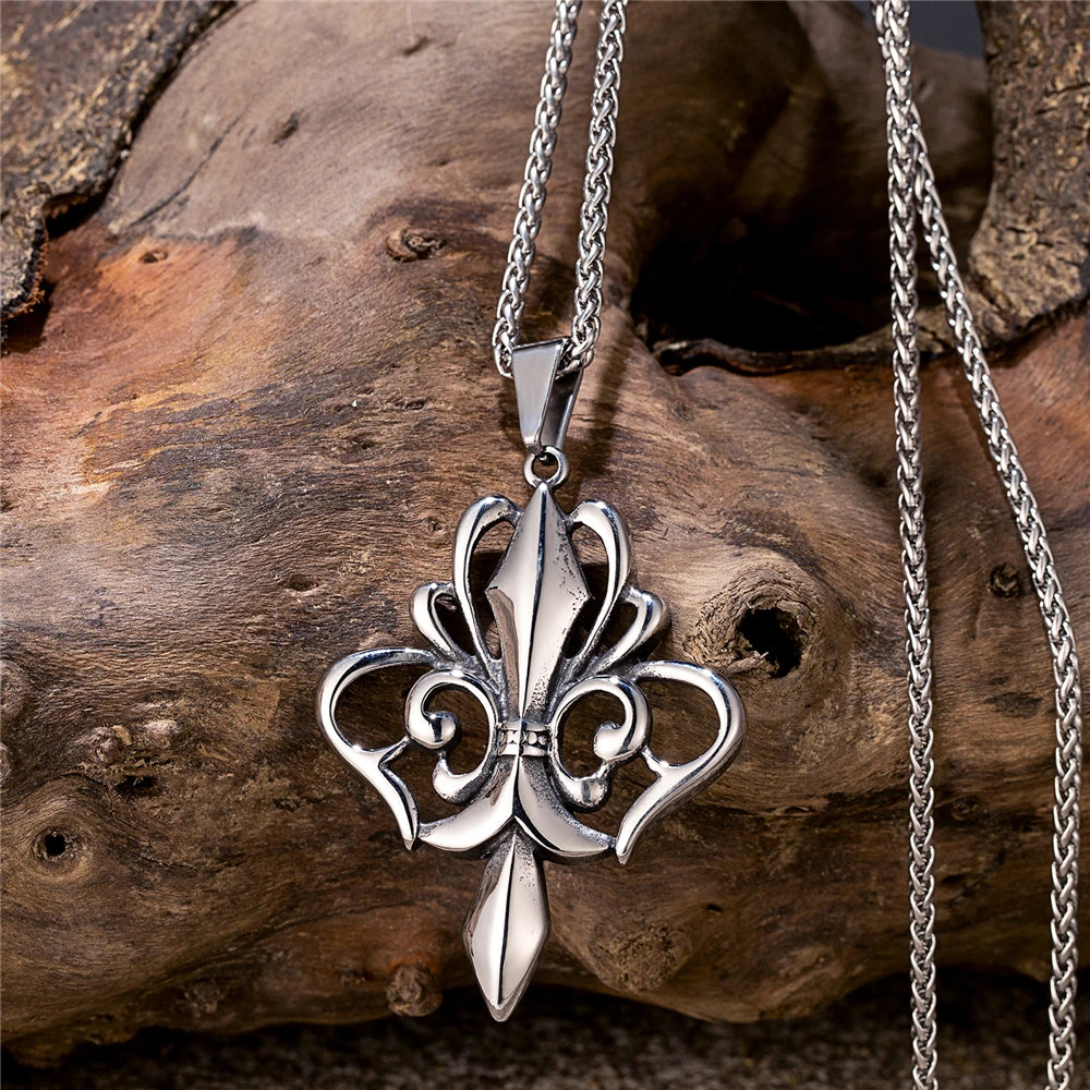 Vintage Medieval Norse Rune Fleur-de-lis Necklaces Men Stainless Steel Viking Cross Amulet Pendant Charm Original Design Jewelry